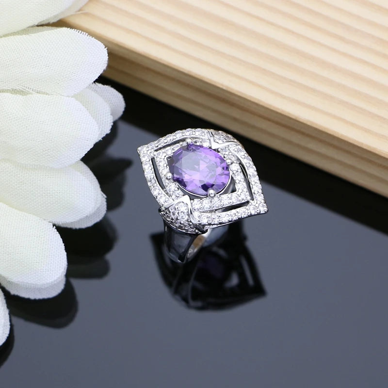 925 Silver Jewelry Natural Purple Amethyst White Topaz Jewelry Sets Earrings Necklace Sets for Women Ruby Birthstone Jewellry