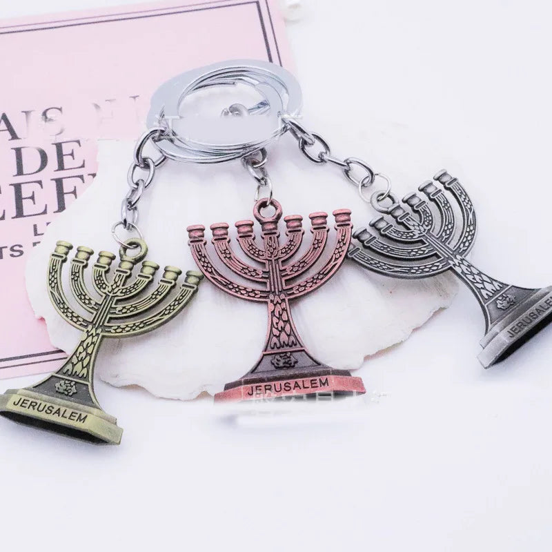 Vintage Metal Candlestick Keychains Judaism Menorah Trinket Jewelry Jerusalem Gift