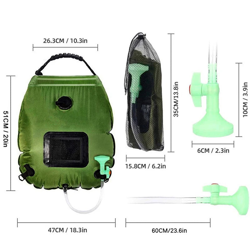Solar Shower Bag | 20L Solar Heating Camping Shower Bag | Removable Hose | On-Off Switchable Shower Head | Ducha Portatil | Trav