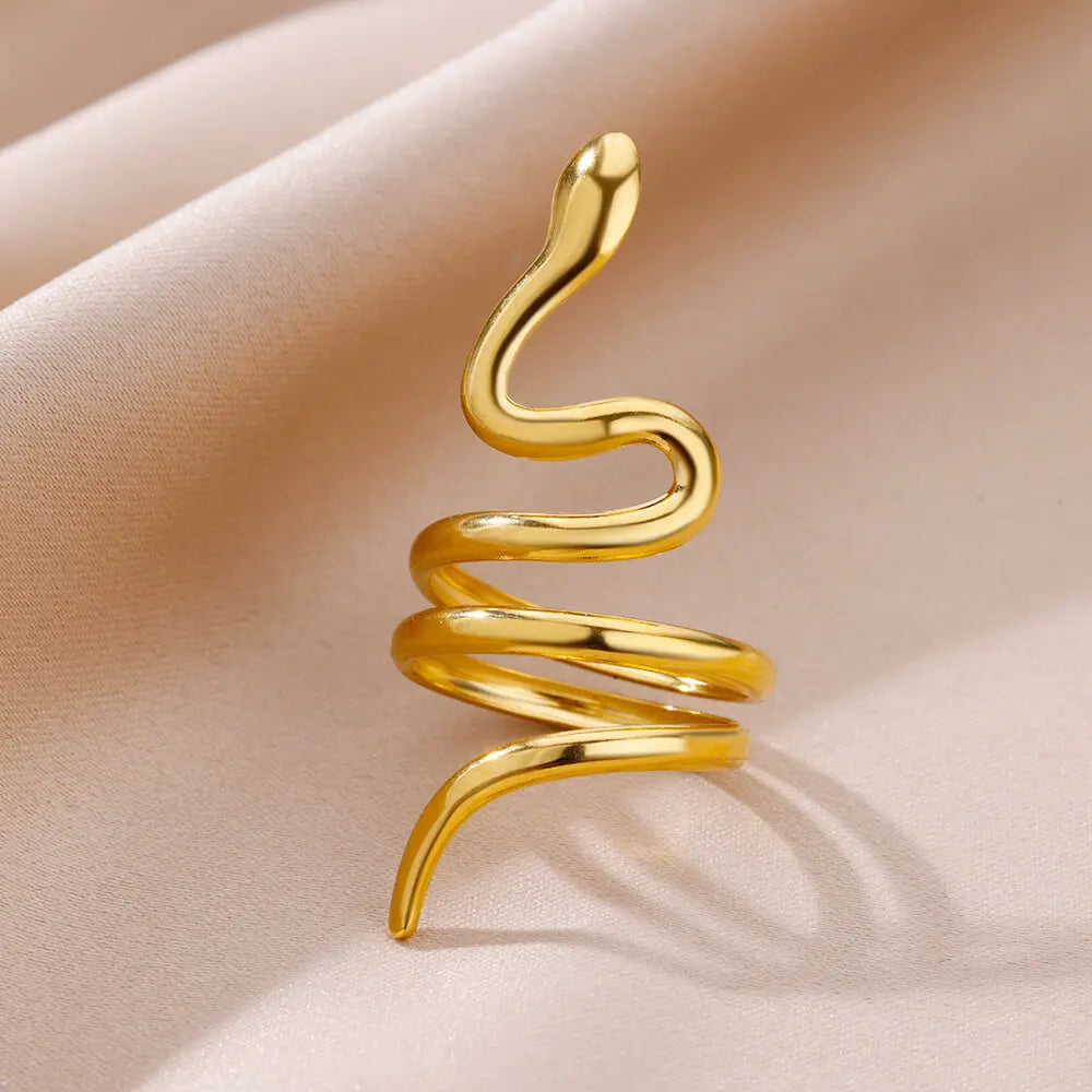 Gold Plated Stainless Steel Green Zircon Snake Rings For Women Men Open Adjustable Finger Ring Vintage Gothic Aesthetic Jewelry