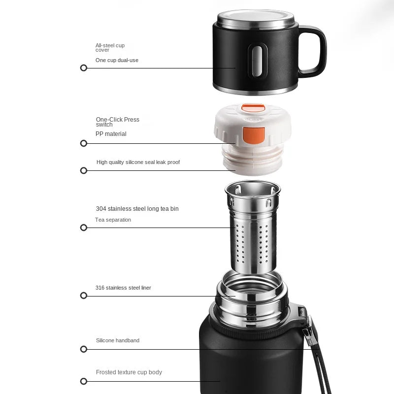 600/800/1000/1500ml Large Capacity Outdoor 316 Stainless Steel Thermos Cup Portable Handle Car Water Cup Tea Cup Drinkware
