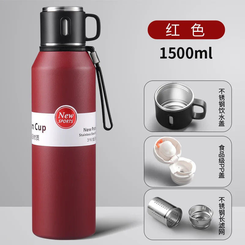 600/800/1000/1500ml Large Capacity Outdoor 316 Stainless Steel Thermos Cup Portable Handle Car Water Cup Tea Cup Drinkware