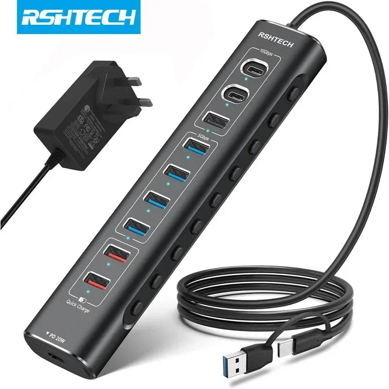 RSHTECH 60W Powered USB Hub 10Gbps Data Transfer Aluminum USB Splitter with Fast Charging Ports USB-C PD 20W for Macbook Laptops