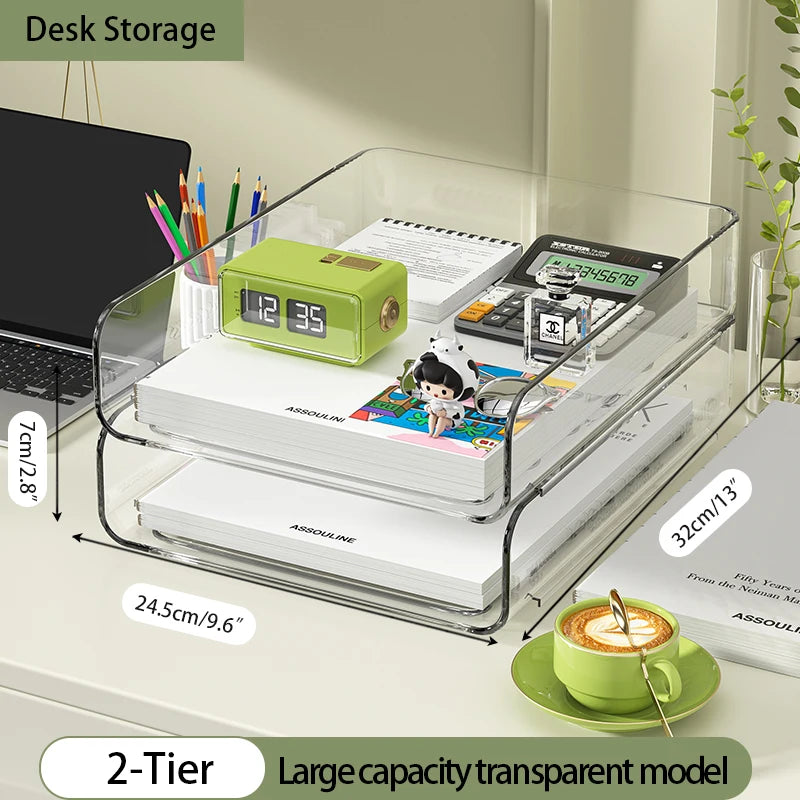 4-Tier Stackable Paper Tray Organizer for Desk with Detachable Hanging Pen Cup - Durable PET Desktop Paper Organizer Brown