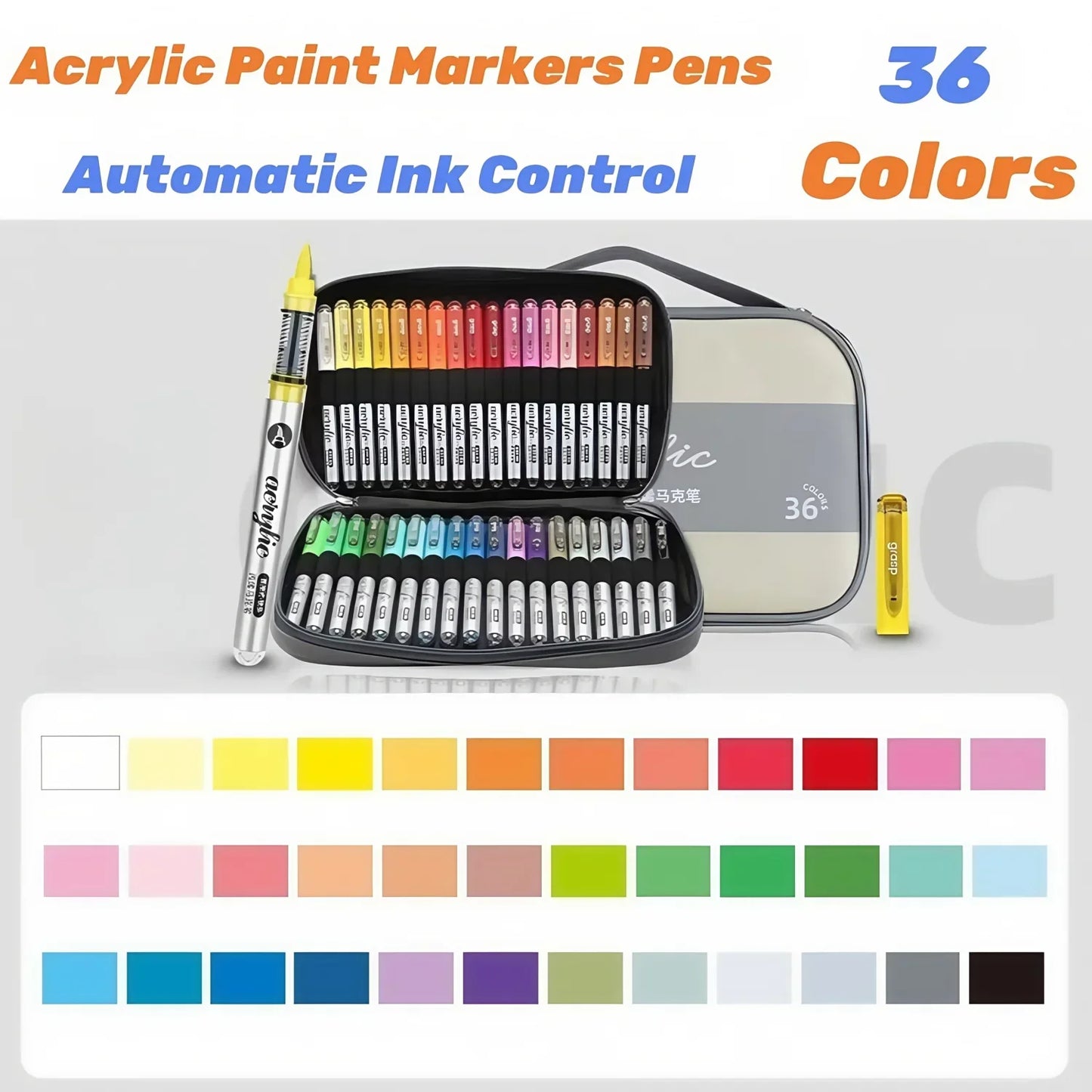Acrylic Paint Markers Set,Automatic Ink Control, With Portable Handbags ,Brush Tip, for Rock Painting, Ceramic, Wood, Canvas