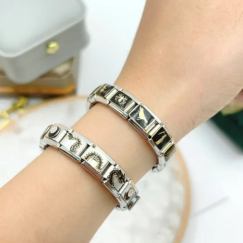 2025 Fashion Gothic Dark Dragon Elastic Italian Charm Links Fit 9mm Modular Bracelet Stainless Steel Elastic DIY Jewelry