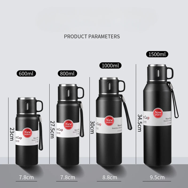 600/800/1000/1500ml Large Capacity Outdoor 316 Stainless Steel Thermos Cup Portable Handle Car Water Cup Tea Cup Drinkware