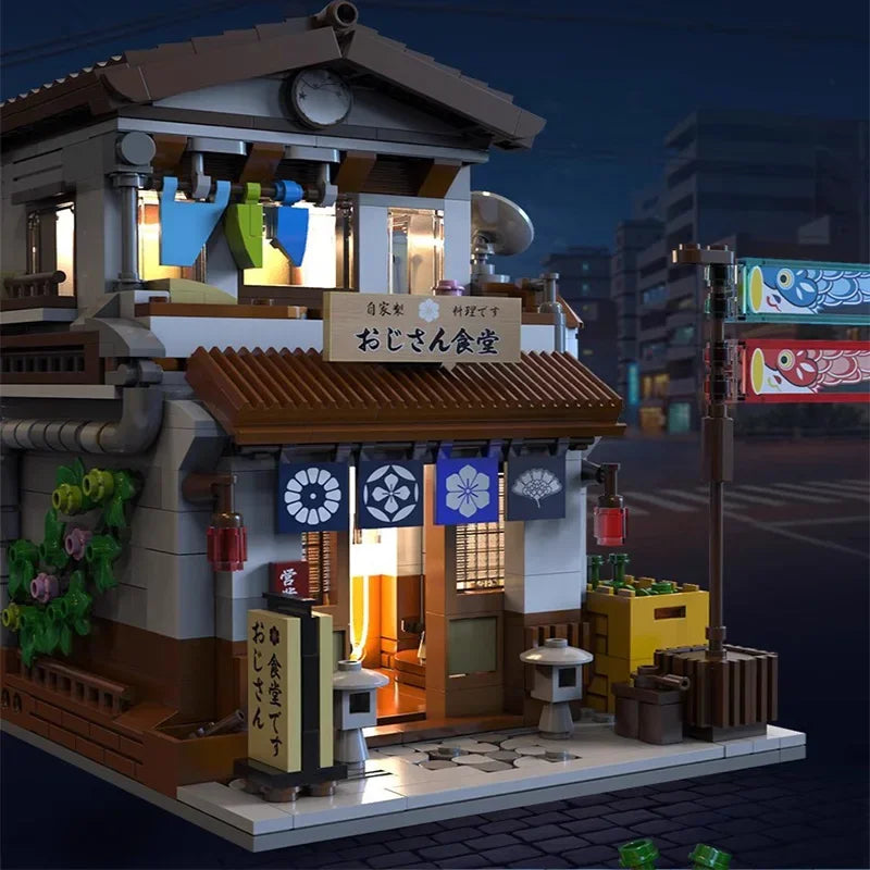 861PCS Canteen Building Blocks Japanese Street Scene Building Model Bricks Set With USB Light Desktop Decoration Kids Toys Gifts