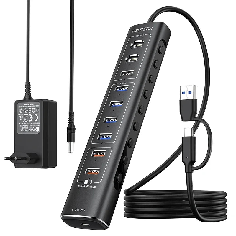 RSHTECH 60W Powered USB Hub 10Gbps Data Transfer Aluminum USB Splitter with Fast Charging Ports USB-C PD 20W for Macbook Laptops
