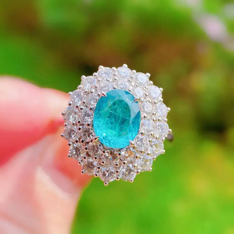 Luxurious Paraiba Sapphire Flower Oval Diamond Couple Ring For Women Geometric Zirconia S925 Silverd Anniversary Gift Jewelry