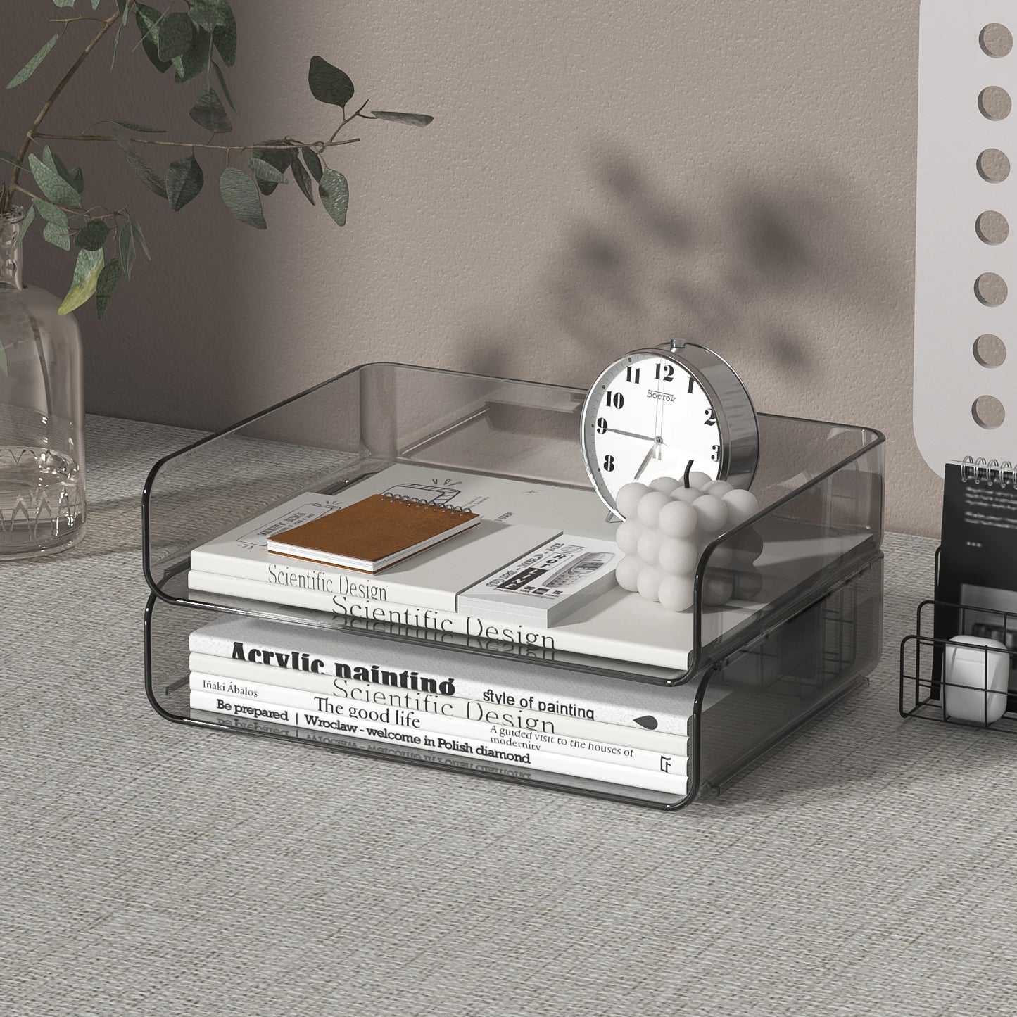 4-Tier Stackable Paper Tray Organizer for Desk with Detachable Hanging Pen Cup - Durable PET Desktop Paper Organizer Brown
