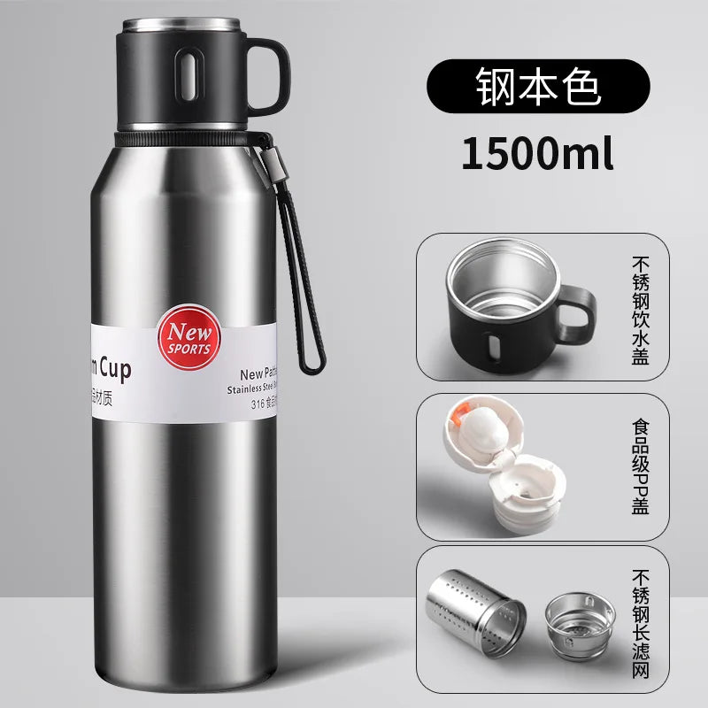 600/800/1000/1500ml Large Capacity Outdoor 316 Stainless Steel Thermos Cup Portable Handle Car Water Cup Tea Cup Drinkware