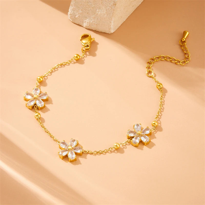DIEYURO 316L Stainless Minimalist Rhinestone Daisy Necklace Earrings Bracelet Suit Women Trend Non-fading Flowers Jewelry Set