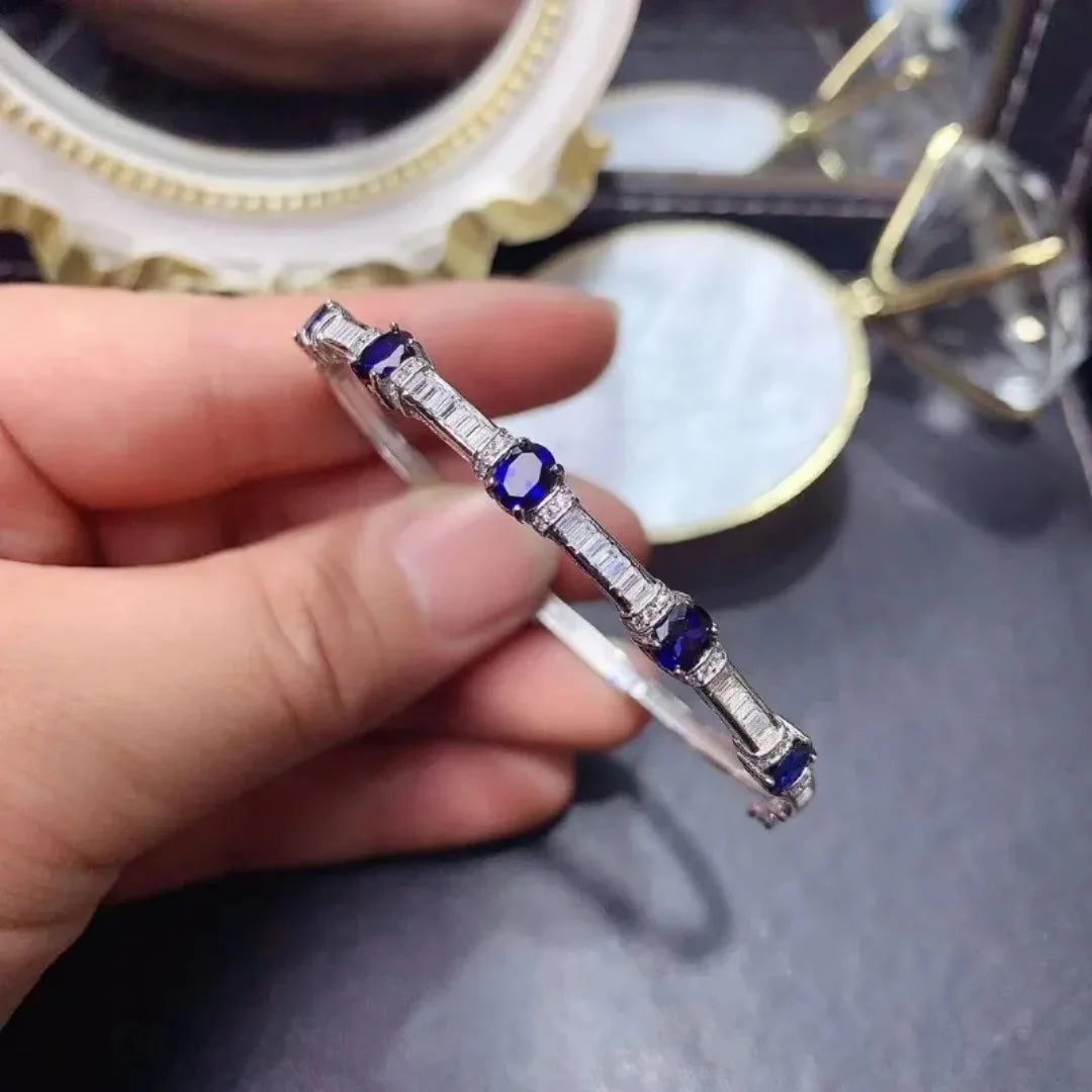 Natural Blue Sapphire Gem Bangles Natural Gemstone Bangles S925 Silver Bracelet Classic Elegant Array Women Party Fine Jewelry