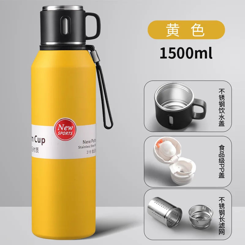 600/800/1000/1500ml Large Capacity Outdoor 316 Stainless Steel Thermos Cup Portable Handle Car Water Cup Tea Cup Drinkware