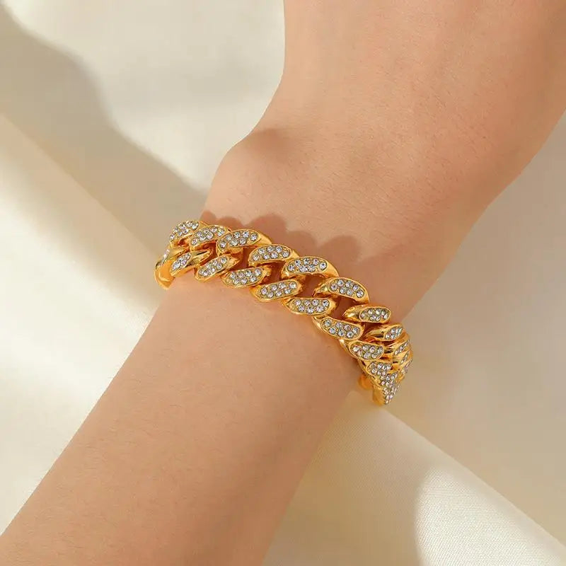 American luxury, high-quality metal Cuban chain, men's chain bracelet, 18K gold-plated, non fading, shiny zircon, party jewelry