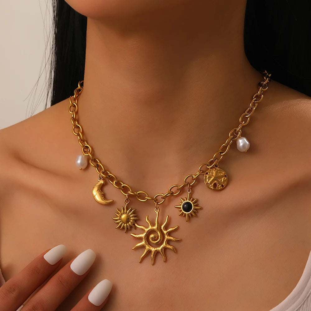 LAMENGLY 316L Stainless Steel Creative Spiral Sun Element Moon Star Pendant Necklace Women Hyperbole Clavicle Chain Party Gifts