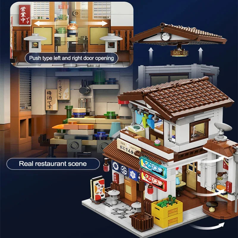 861PCS Canteen Building Blocks Japanese Street Scene Building Model Bricks Set With USB Light Desktop Decoration Kids Toys Gifts