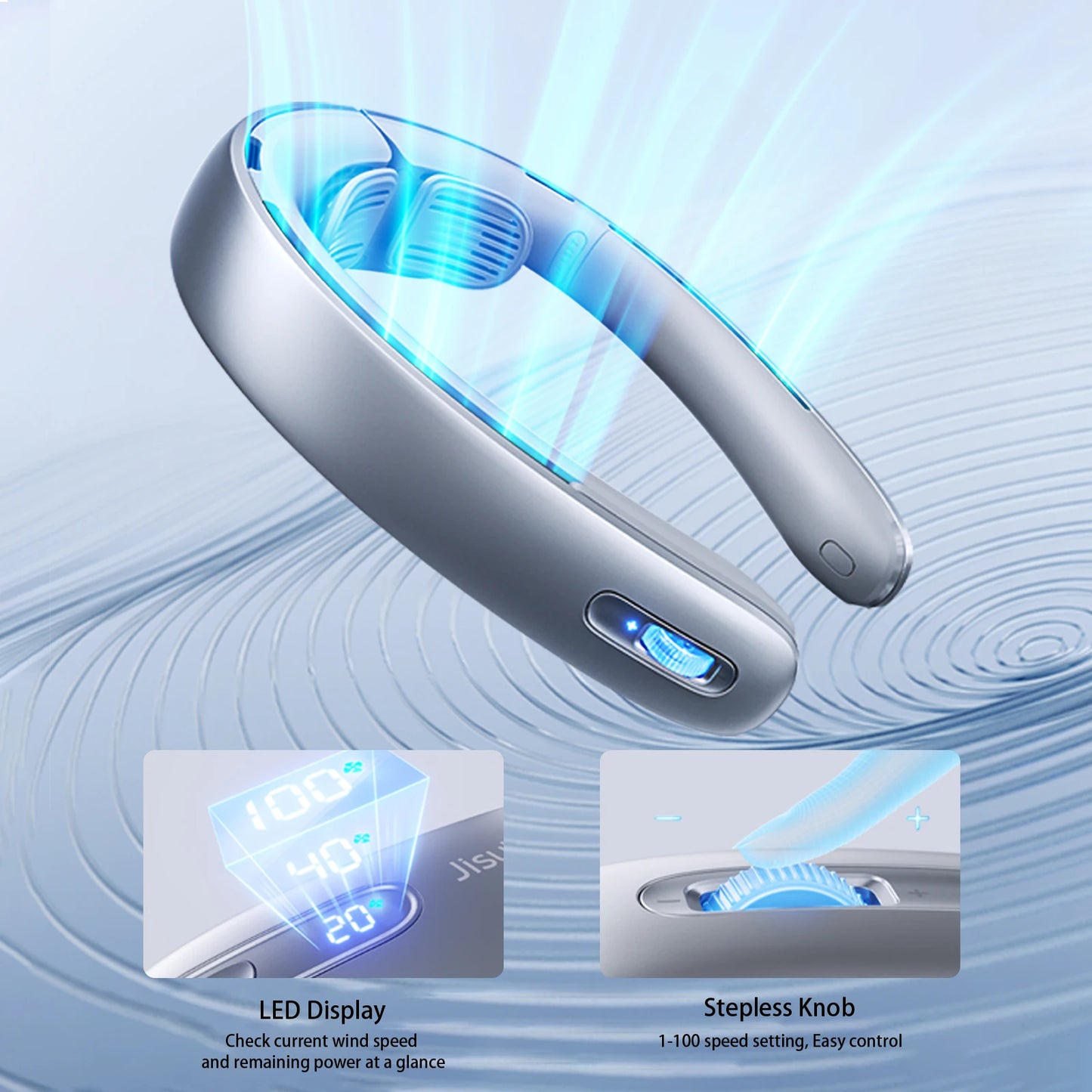 JISULIFE Portable Neck Fan,100 Speed Wind,5000mah Battery,17 Hour Work Time,Mini Electric Neck Fan Usb Rechargeable Neckband Fan