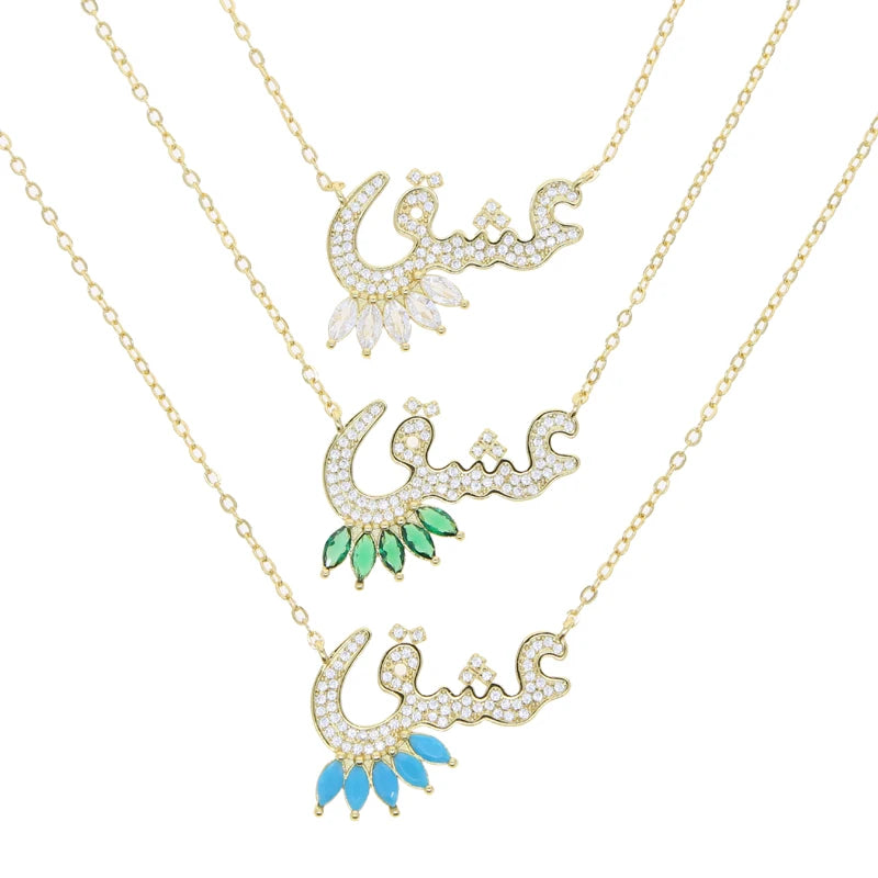 Total 31 Different Shape Arabic Letter Pendant Necklaces for Women Paved Green White Cz and Turquoise Gold Color Fashion Jewelry