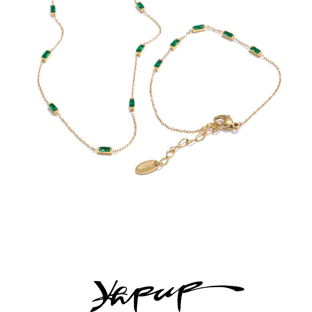 Yhpup New White Green Shiny Cubic Zirconia Chain Necklace Bracelet Bangle High-Grade Stainless Steel Premium Jewelry Gift