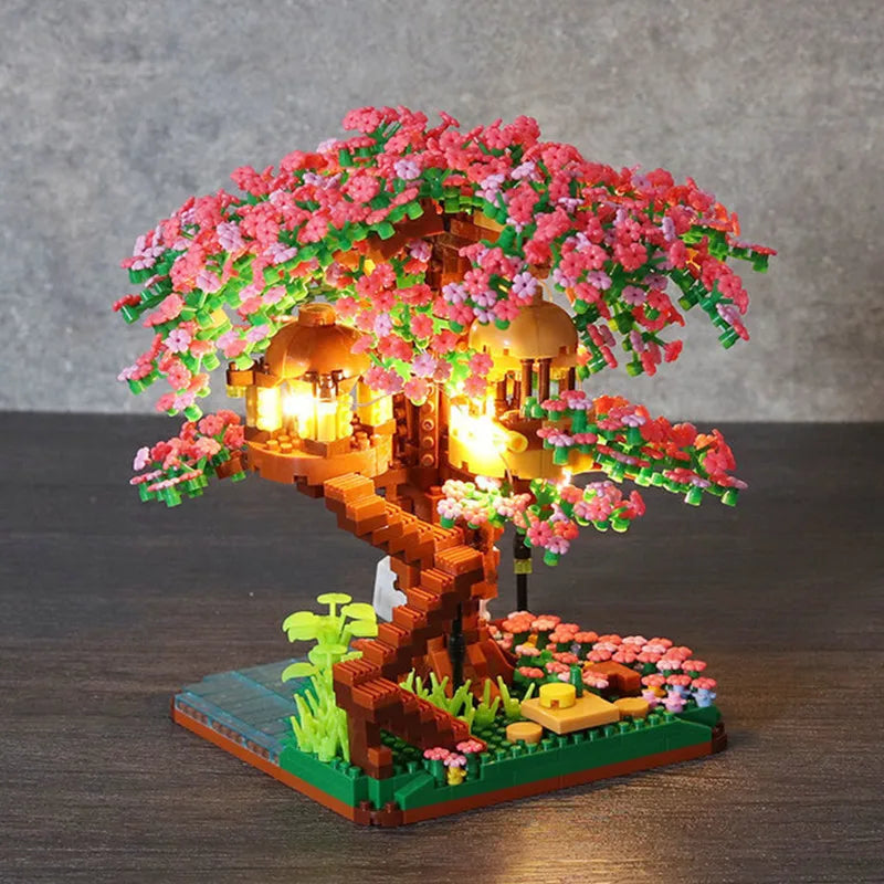 Mini Sakura Tree House Building Blocks Trains With Lights DIY Model City Street View Cherry Blossom House Bricks Kids Toys Gift