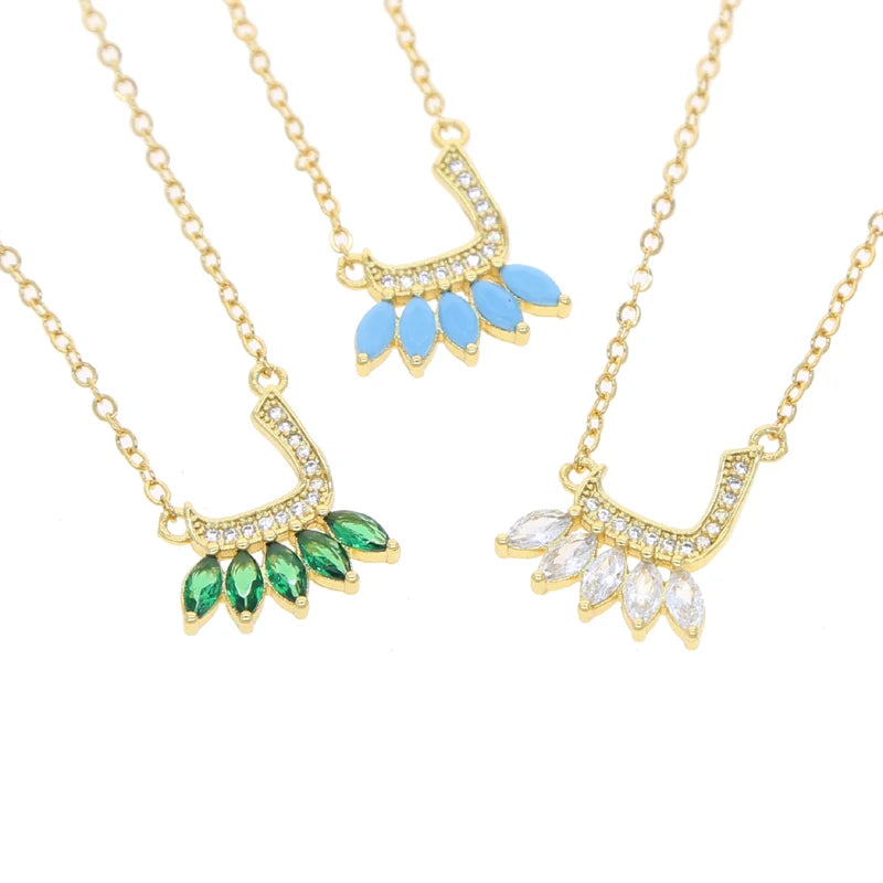 Total 31 Different Shape Arabic Letter Pendant Necklaces for Women Paved Green White Cz and Turquoise Gold Color Fashion Jewelry