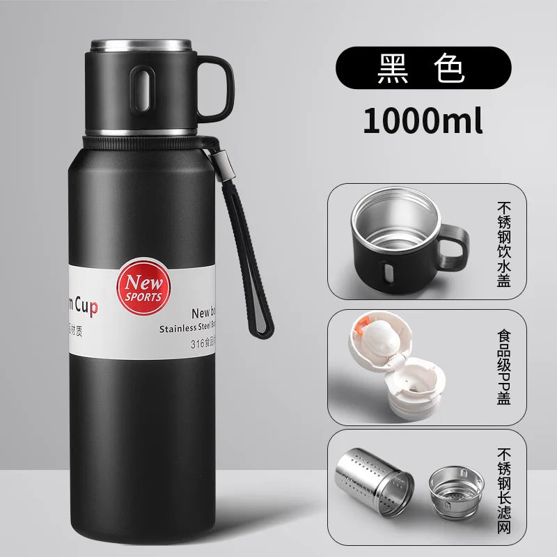 600/800/1000/1500ml Large Capacity Outdoor 316 Stainless Steel Thermos Cup Portable Handle Car Water Cup Tea Cup Drinkware