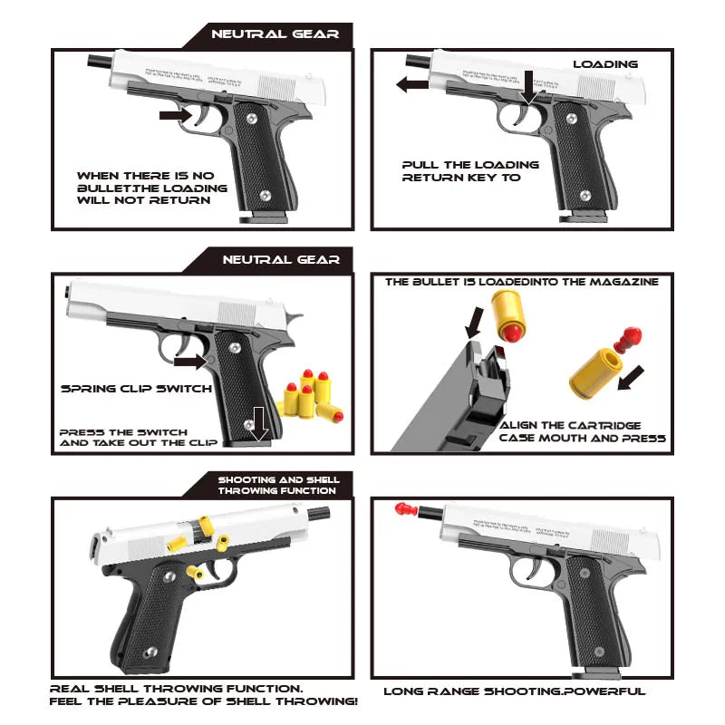 Black M1911 Colt Toy Gunman Gun, Soft Bullet Shell, Catapult Blaster, Manual Air Gun Launcher, Boys Shooting Game 14+y