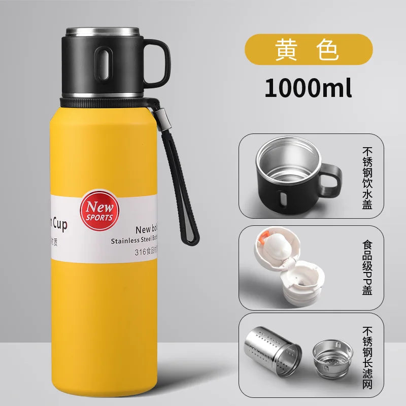600/800/1000/1500ml Large Capacity Outdoor 316 Stainless Steel Thermos Cup Portable Handle Car Water Cup Tea Cup Drinkware