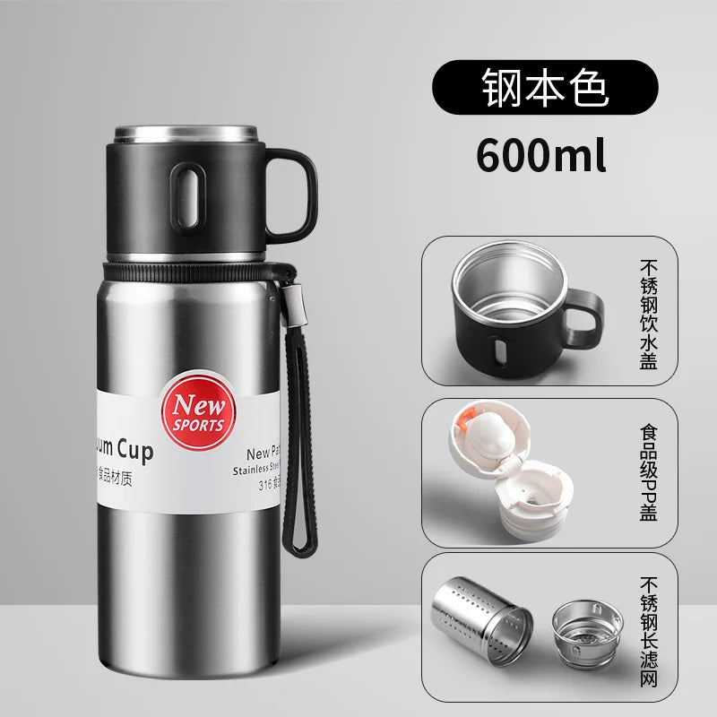 600/800/1000/1500ml Large Capacity Outdoor 316 Stainless Steel Thermos Cup Portable Handle Car Water Cup Tea Cup Drinkware
