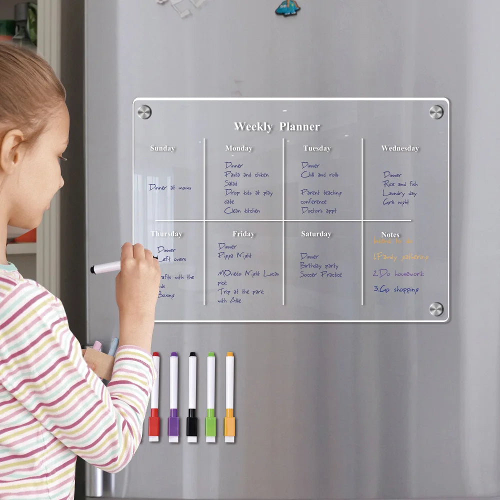 1Pcs 3D Magnetic Transparent Acrylic Week Plan Notes Message Board Erasable Magnetic Refrigerator Sticker Back To School Gift