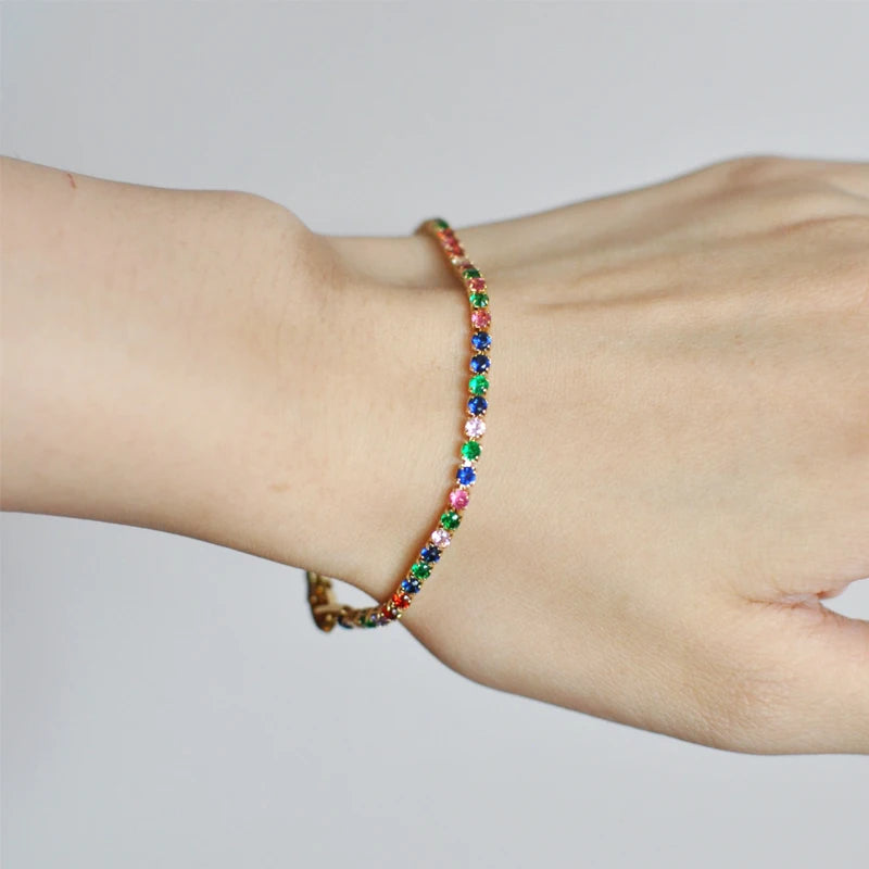 Rainbow Cubic Zirconia Tennis Bracelet Chain Bracelets For Women 18K Gold Plated Hand Chain CZ Chain Homme Jewelry GIFT