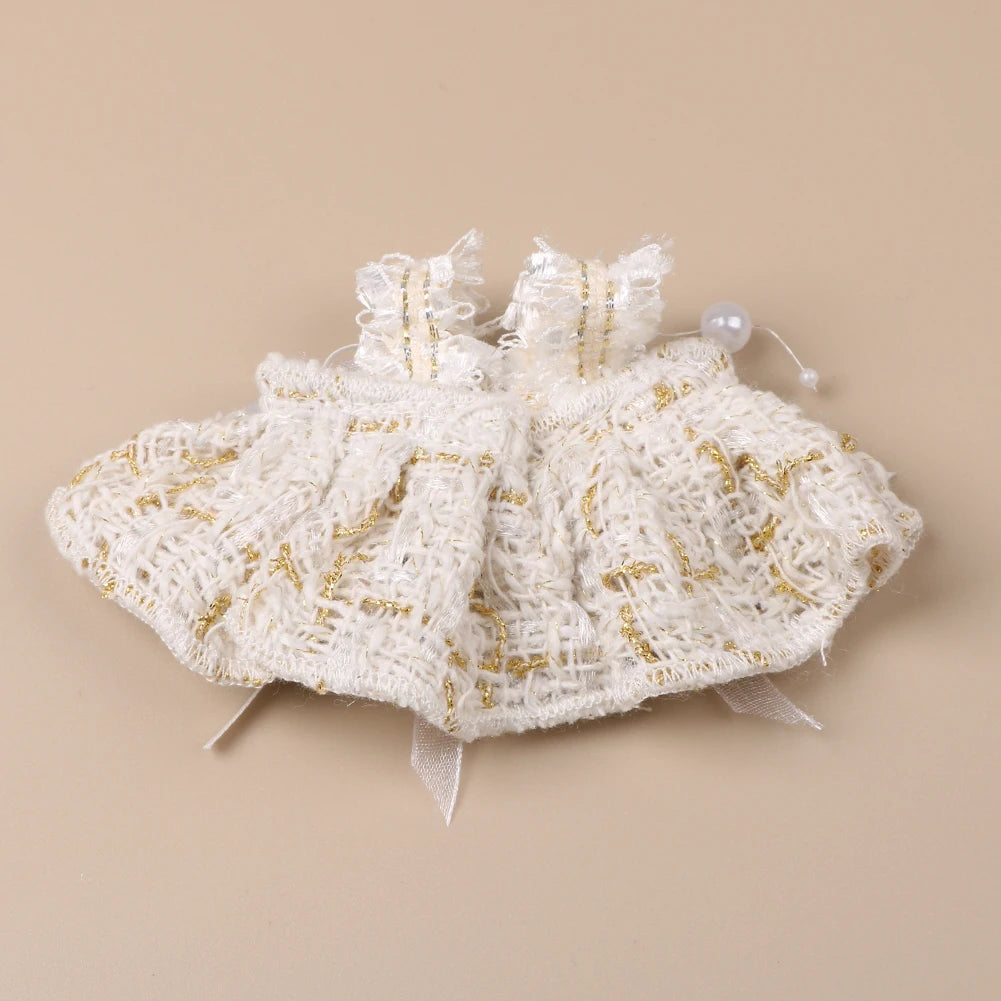 Mini Plush Doll'S Clothes Outfit Accessories For 17cm Korea Kpop Exo Labubu Idol Pearl Bow Lace Trimmed Skirt Clothing Gift