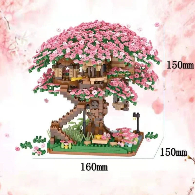 Mini Sakura Tree House Building Blocks Trains With Lights DIY Model City Street View Cherry Blossom House Bricks Kids Toys Gift