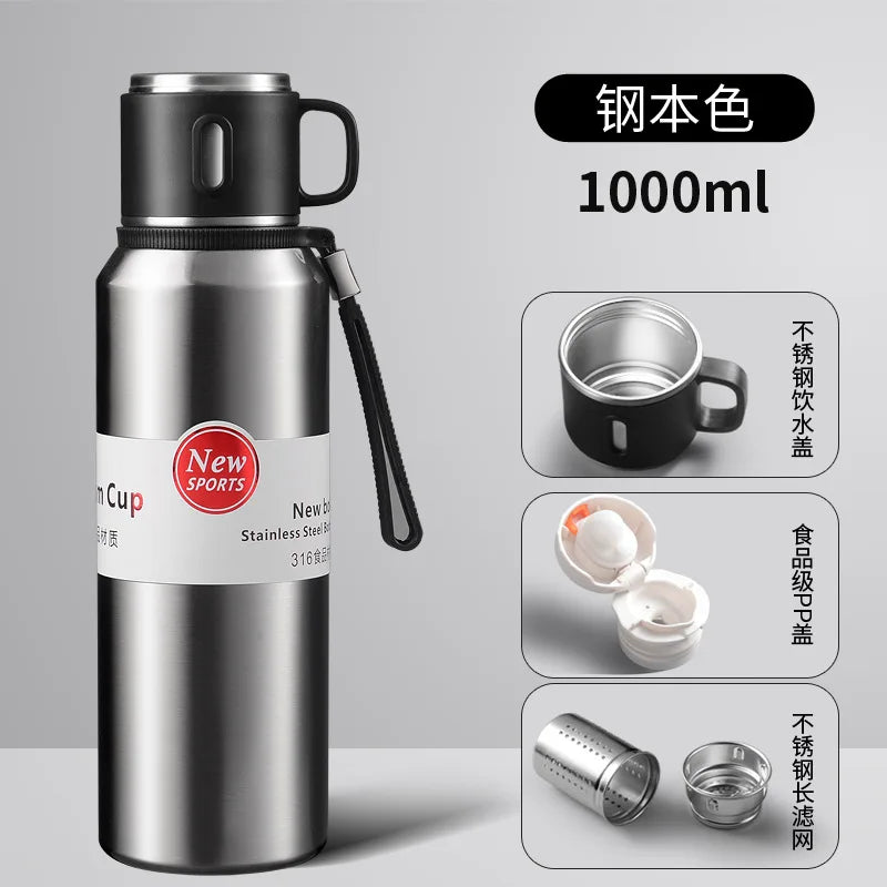 600/800/1000/1500ml Large Capacity Outdoor 316 Stainless Steel Thermos Cup Portable Handle Car Water Cup Tea Cup Drinkware