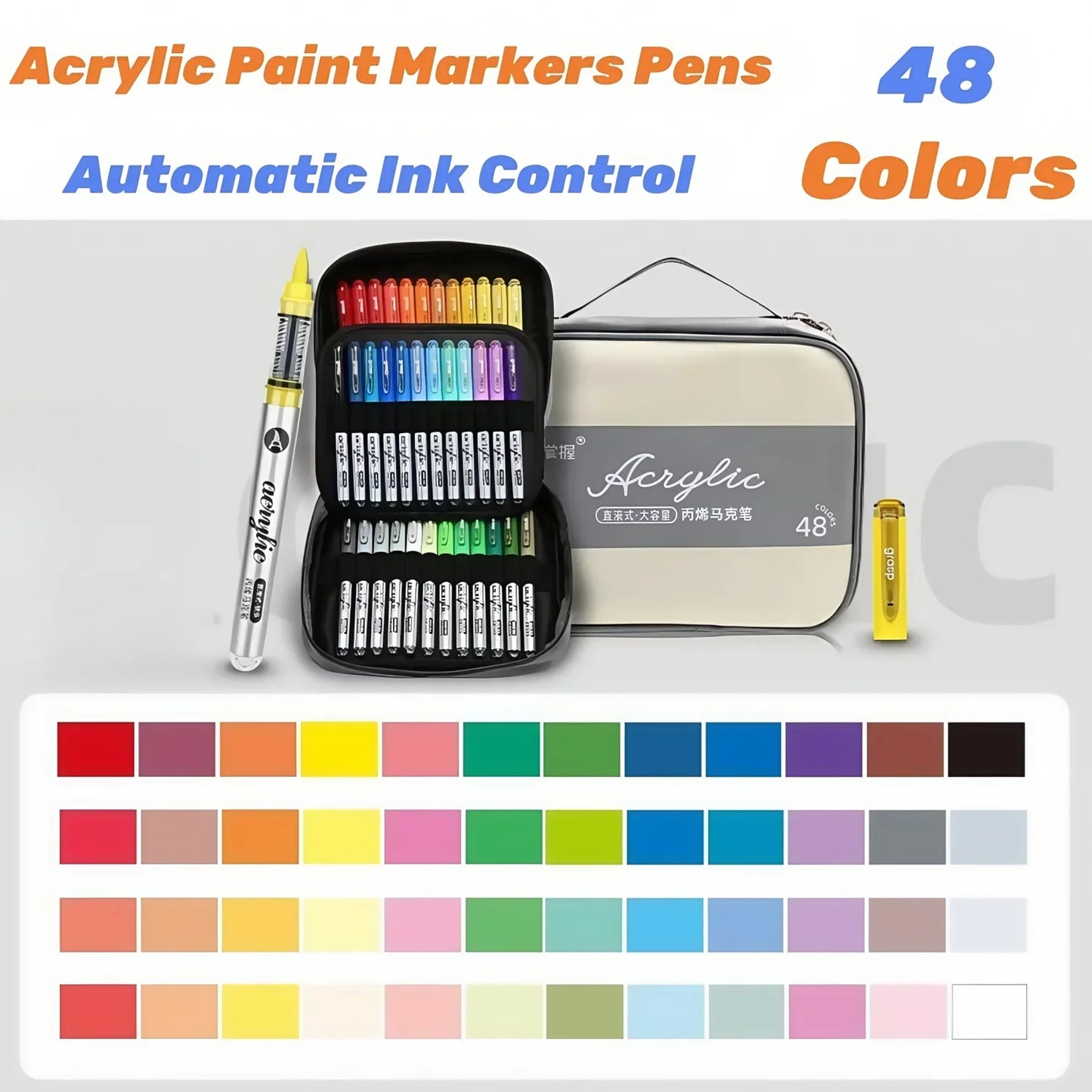 Acrylic Paint Markers Set,Automatic Ink Control, With Portable Handbags ,Brush Tip, for Rock Painting, Ceramic, Wood, Canvas