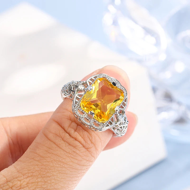 Ladies 925 Silver Plated High-grade Moissanite Citrine Hollow Wedding Engagement Ring High-end Jewelry Luxury Ladies Ring