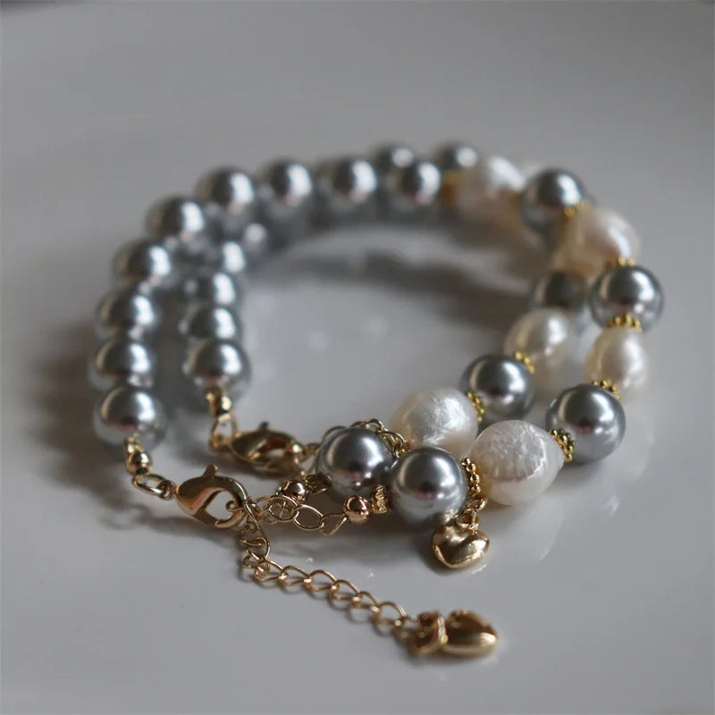 Fashion Grey Natural Pearl Bracelet for Women Luxury Exquisite Stainless Steel Bangle Jewelry Accessories Anniversary Gift