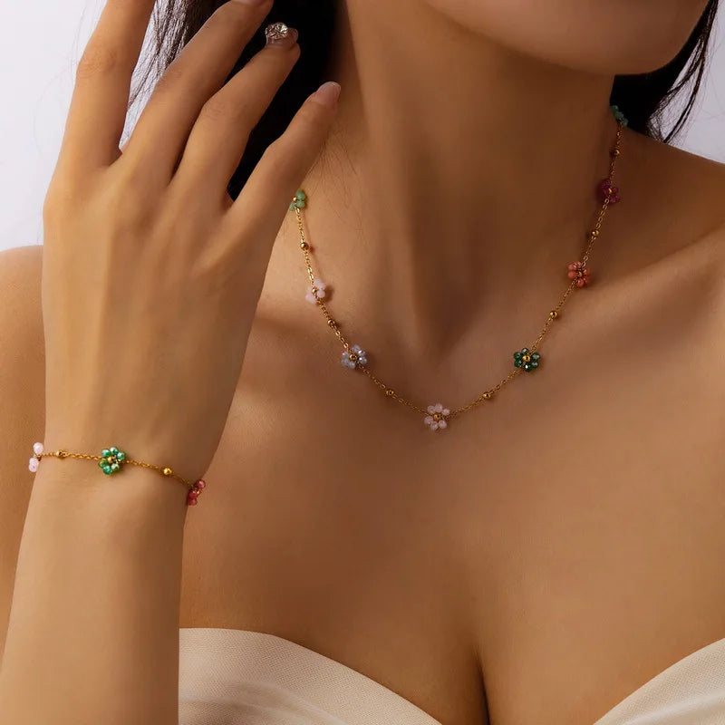 2pc/Set Fashion Y2k Colorful Flower Blue And White Bead Necklace Bracelet Set, Women's Banquet Accessories Jewelry Chain