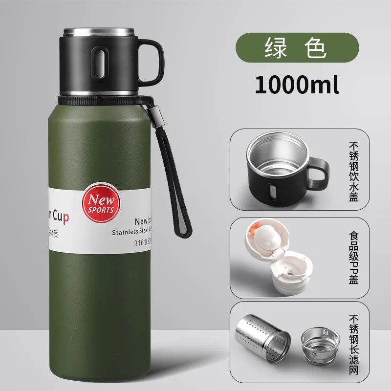 600/800/1000/1500ml Large Capacity Outdoor 316 Stainless Steel Thermos Cup Portable Handle Car Water Cup Tea Cup Drinkware