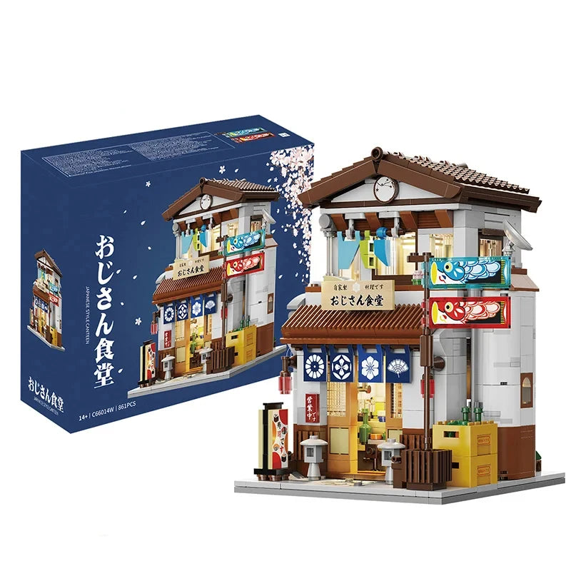 861PCS Canteen Building Blocks Japanese Street Scene Building Model Bricks Set With USB Light Desktop Decoration Kids Toys Gifts