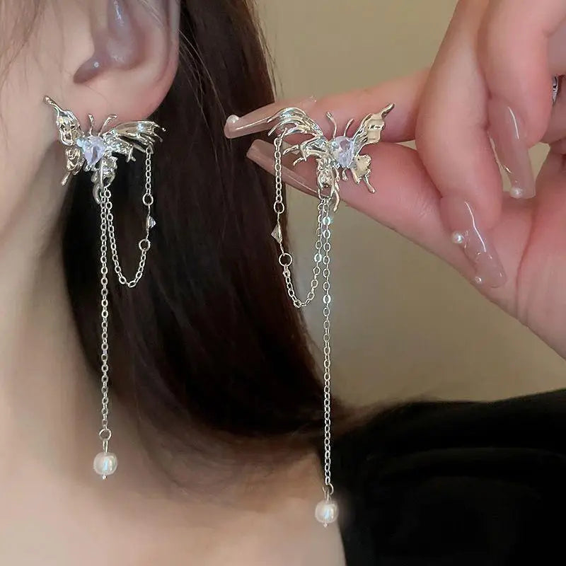 Fashion Zircon Pearl Tassel Earrings for Women 2024 New Liquid Metal Long Chain Elf Butterfly Statement Earrings Party Jewelry