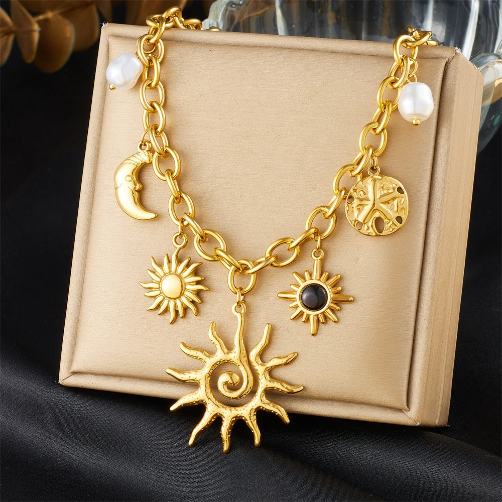 LAMENGLY 316L Stainless Steel Creative Spiral Sun Element Moon Star Pendant Necklace Women Hyperbole Clavicle Chain Party Gifts