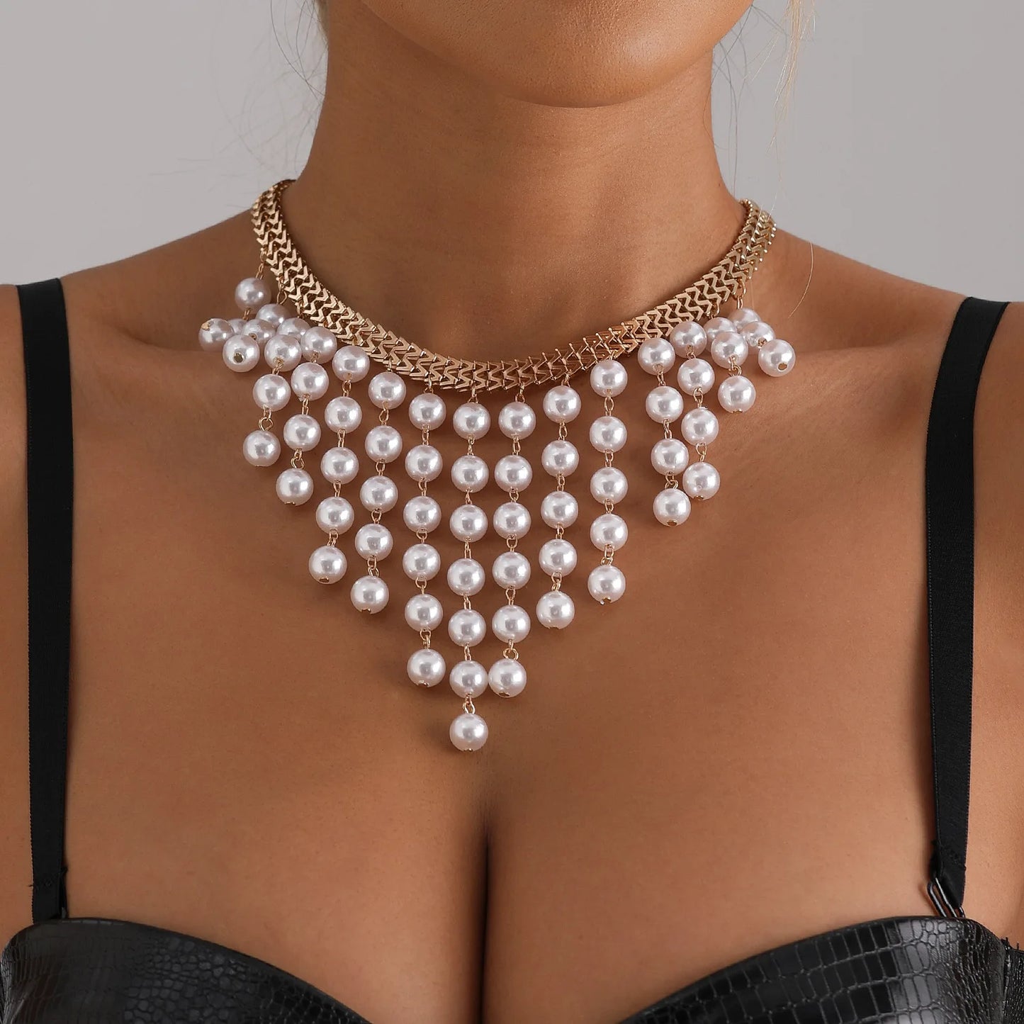Multi Layer Long Pearl Tassel Necklace with Trendy Elegant Innovative Design Exaggerated Collarbone Chain Women's Party Jewelry