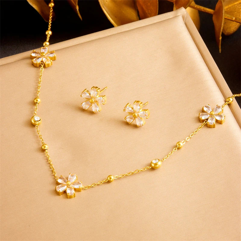 DIEYURO 316L Stainless Minimalist Rhinestone Daisy Necklace Earrings Bracelet Suit Women Trend Non-fading Flowers Jewelry Set