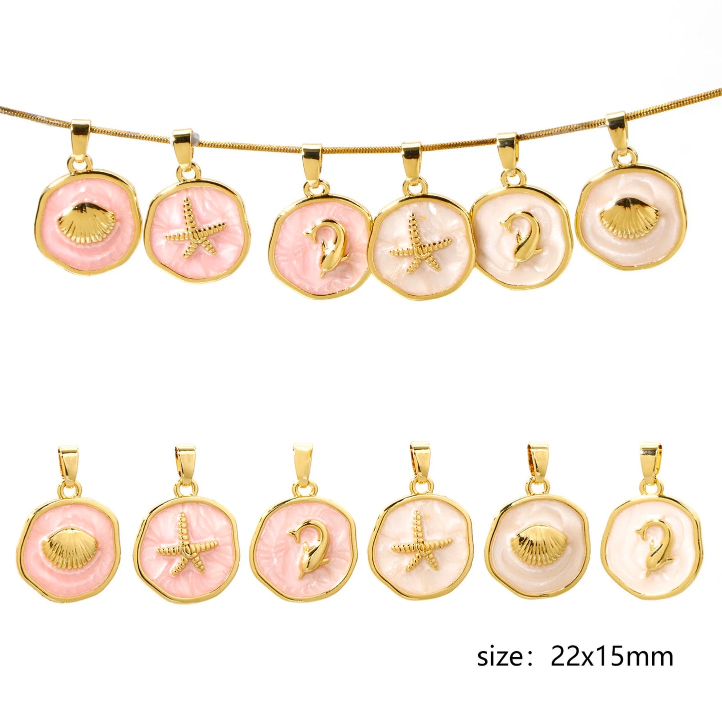 2 PCs Brass Ocean Series Charm Pendant 18K Gold Plated Irregular Enamel Shell Starfish Dolphin For Necklace Making 22mm x 15mm