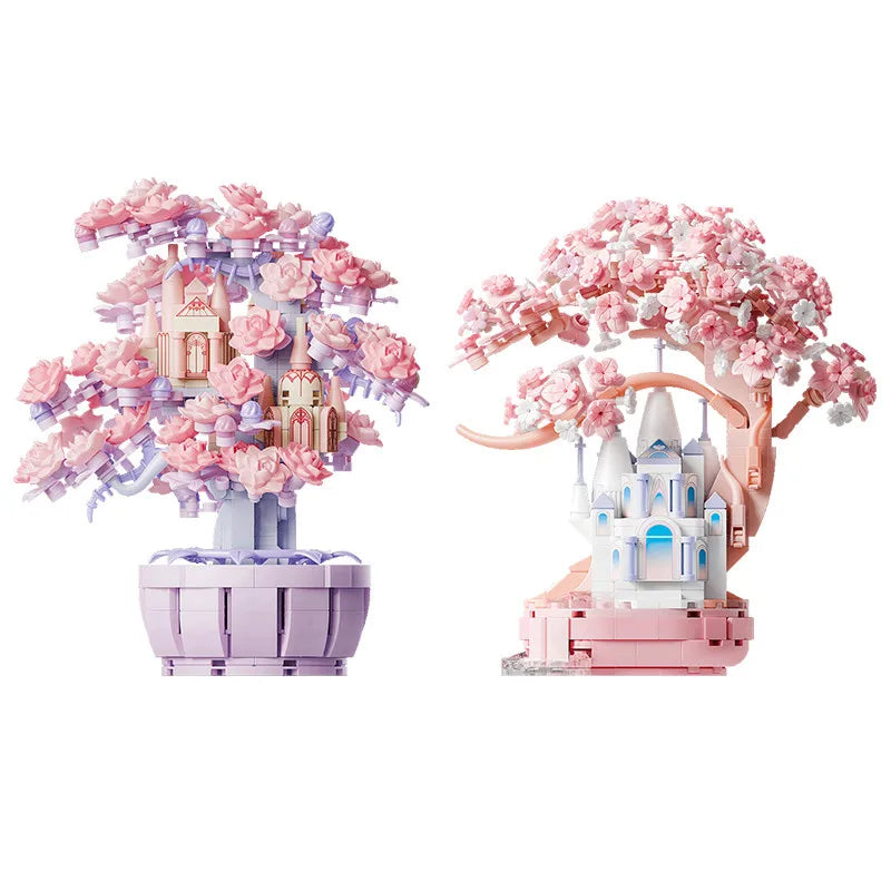 Fantasy Cherry Blossom Season Assemblage Building Blocks Kits Flower Castle Models Bricks Home Decorations Kids Toys Girls Gifts