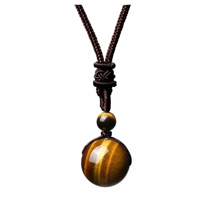 16 Mm Black Obsidian Tiger Eyes Amethyst Stone with Adjustable Braided Rope Cords Natural Crystal Pendant Women Men Necklaces
