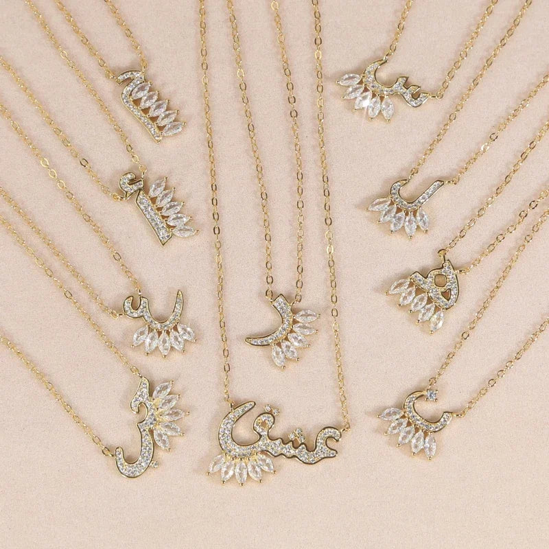 Total 31 Different Shape Arabic Letter Pendant Necklaces for Women Paved Green White Cz and Turquoise Gold Color Fashion Jewelry